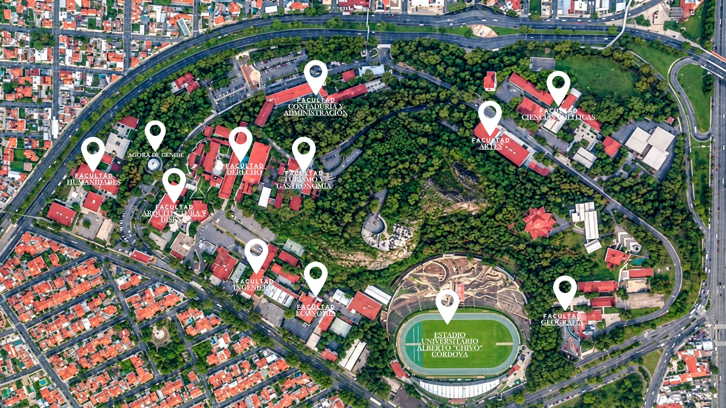 Mapa de Ciudad Universitaria UAEMéx con facultades, accesos y sedes de IMPULSO UAEMéx 2026